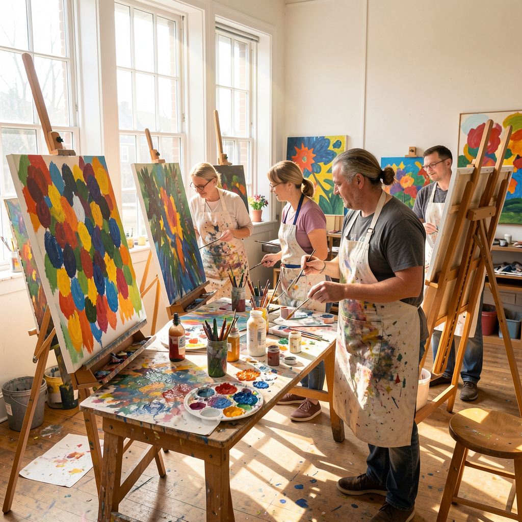 Creative painting workshop for adults with colorful canvas