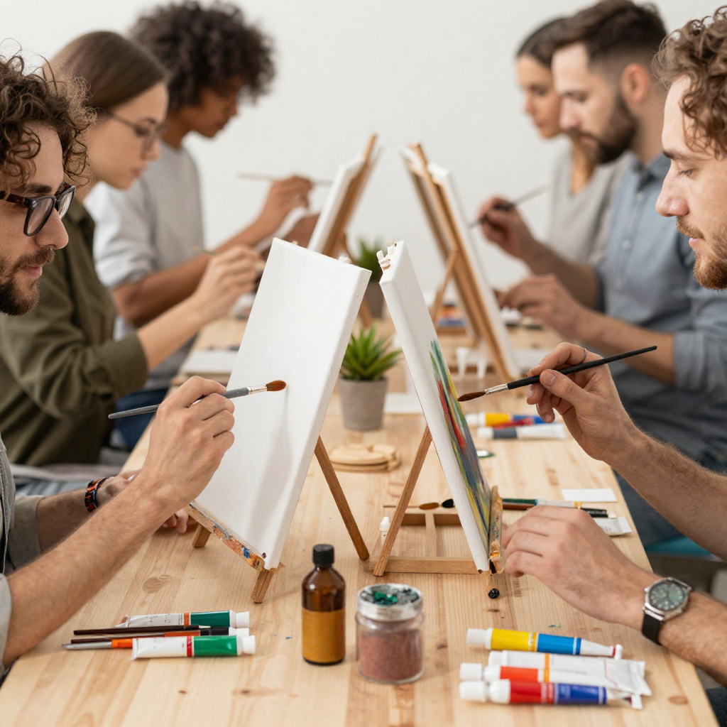Adults enjoying a paint night session with brushes and canvases